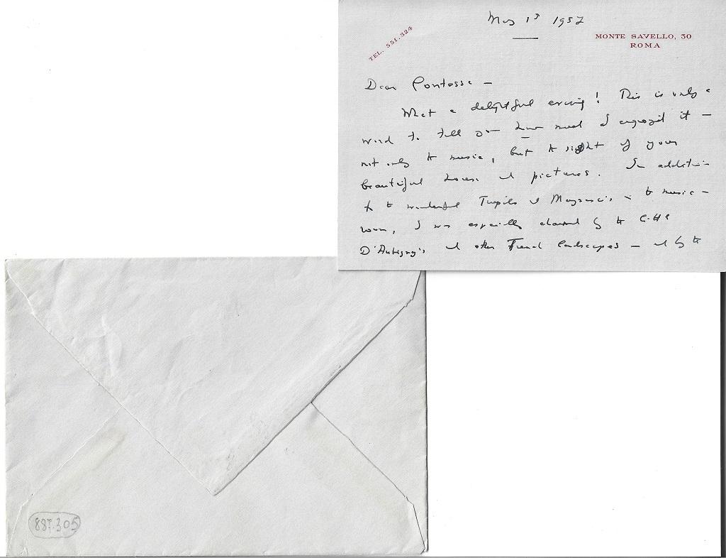 This is a Correspondence by Iris Origo to the Countess Anna Laetitia Pecci-Blunt, composed of 2 autograph letters signed, written in 1957, in Italian and English. In excellent condition, including original envelopes and on letterhead paper 