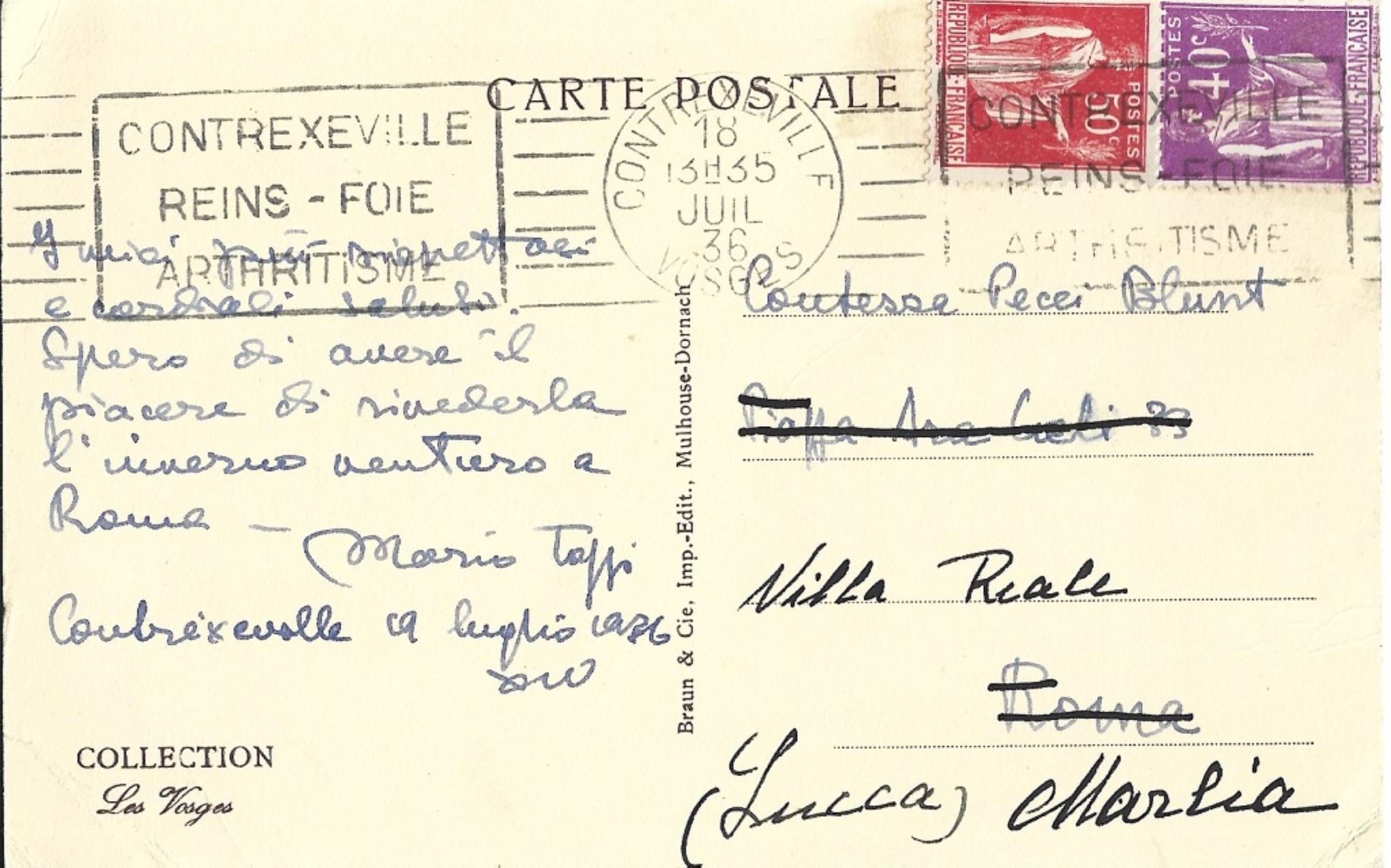 This beautiful Lot of Manuscripts by Mario Tozzi to the Countess and patron of arts, Pecci Blunt, between 1936 and 1938, is composed by three items.

In details:
An Autograph Postcard of greetings Signed. July 19th, 1936
A Tozzi's Buiness Card with