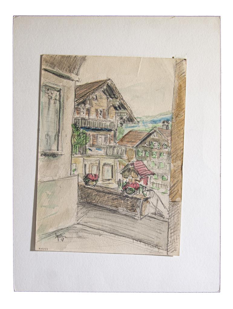 Mountain Village – Original Bleistift- und pastellfarbene Zeichnung von Werner Epstein – 1957 im Angebot 1
