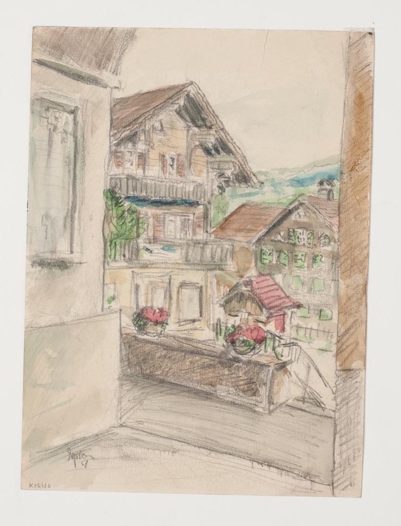 Village de montagne - dessin original au crayon et au pastel de Werner Epstein - 1957