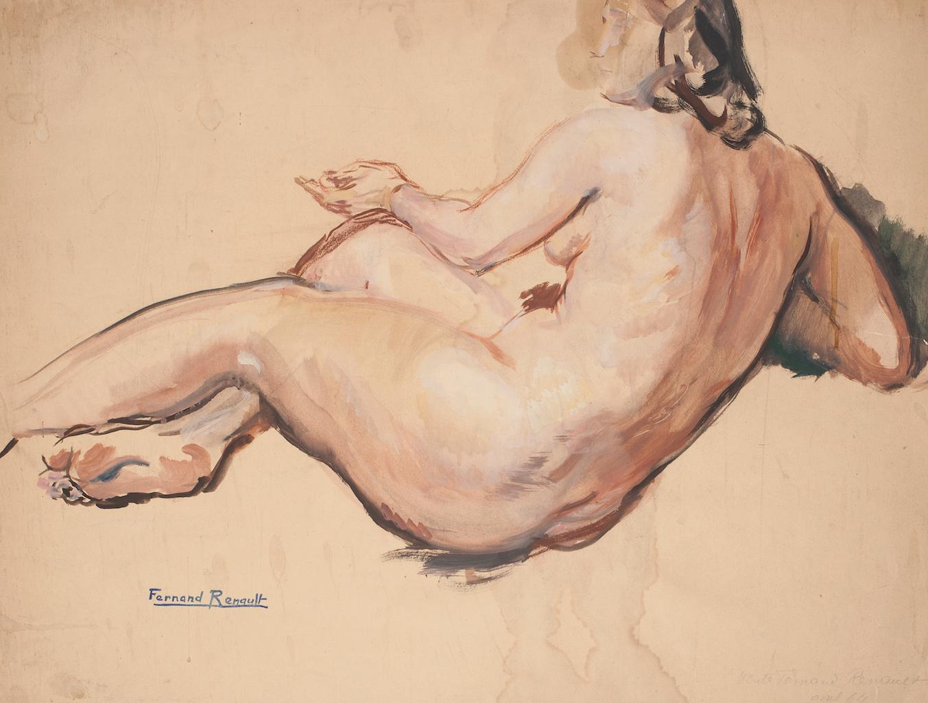 Nude - Original Tempera and Charcoal by Fernand Renault - Early 20th Century - Art by Albert Fernand-Renault