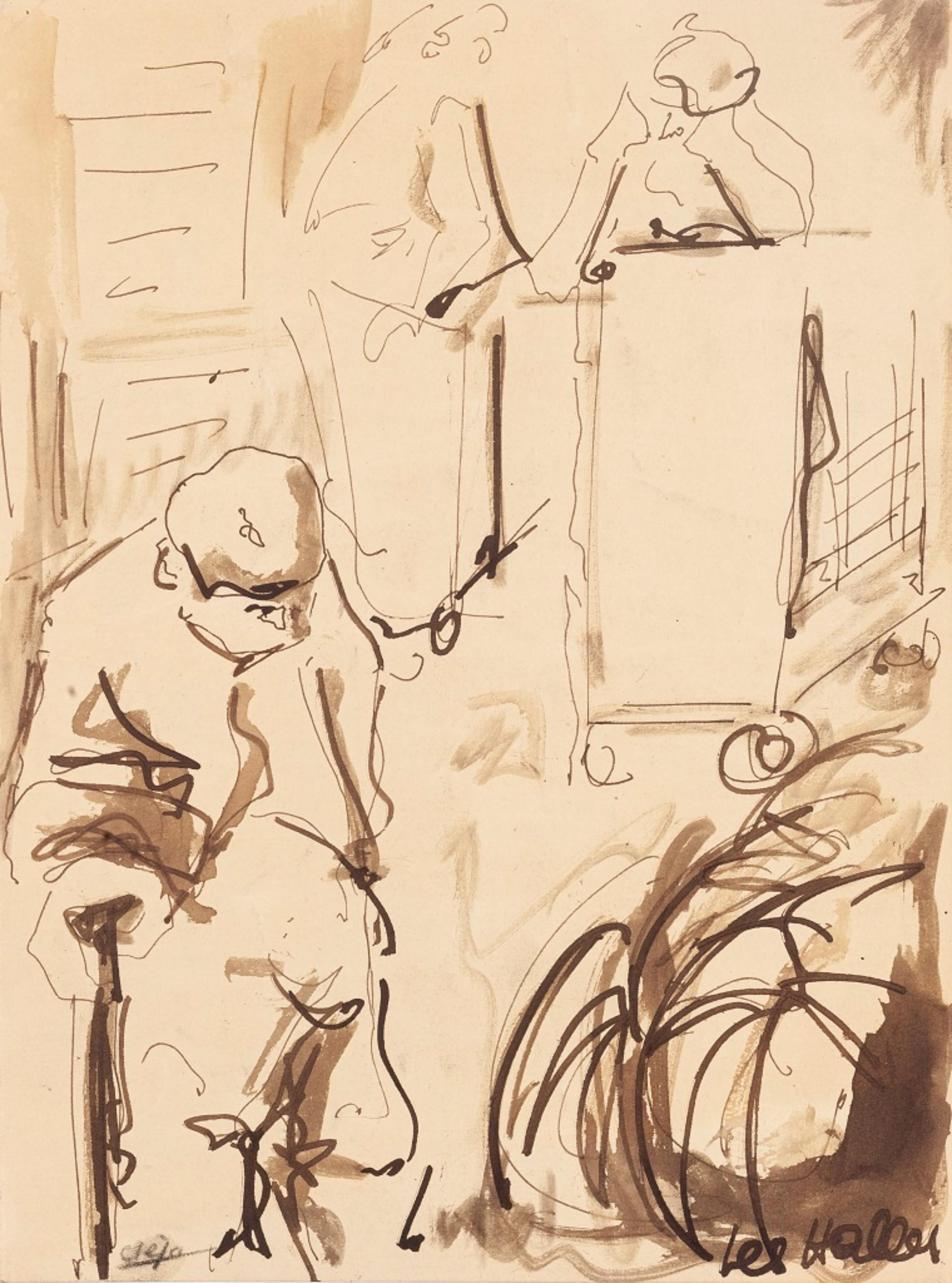 Conversation - Original China Ink and Watercolor - MId-20th Century