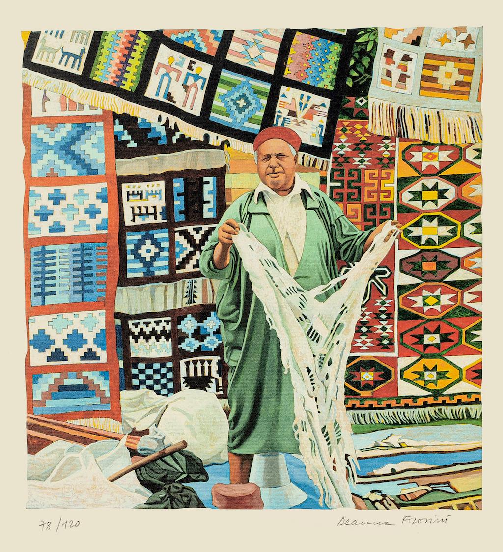 Bazaar è una litografia contemporanea originale su carta realizzata da Deanna Frosini nel 1990.

Firmato a mano in basso a destra e numerato in basso a sinistra. Edizione di 78/120 stampe.

Buone condizioni.

Dimensioni del foglio: 67,5 x 48,5