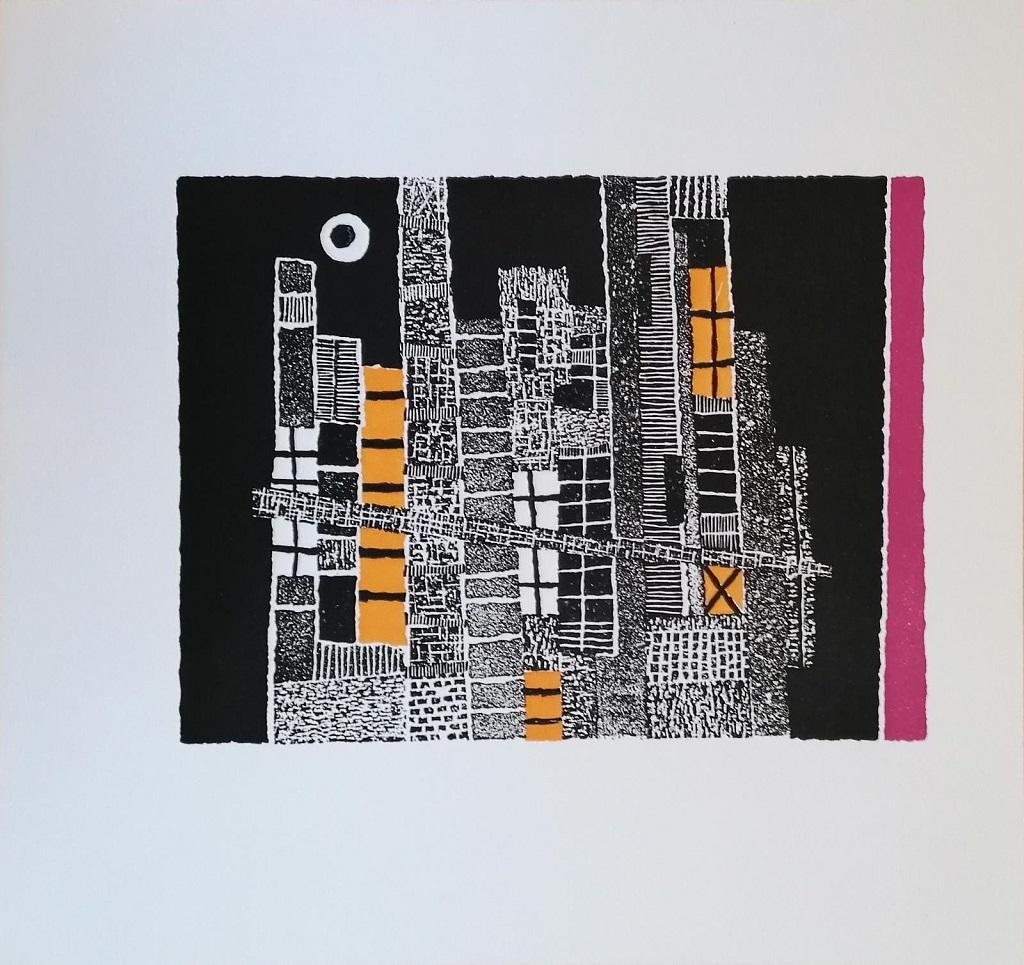 Lojze Spacal Abstract Print - The Enchanted City - Woodcut Print by Luigi Spacal - 1976