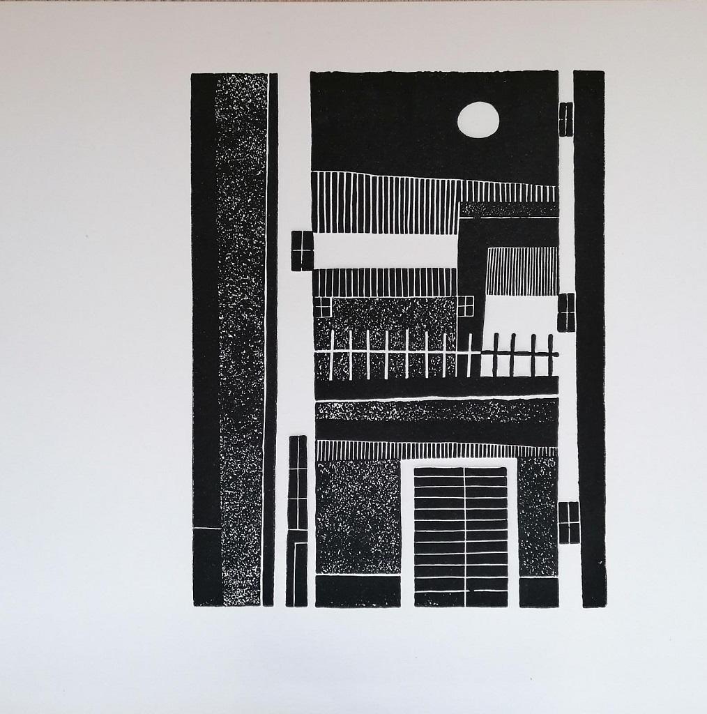 
Karst Housewife is an original xylograph realized in the 1970s by Luigi Spacal, a Contemporary artwork. The work shows a female figure realized with geometrical lines in Black and White. The work is extremely interesting because the geometrical
