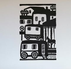 Booths in the Province - Woodcut on Cardboard by Luigi Spacal - 1970s