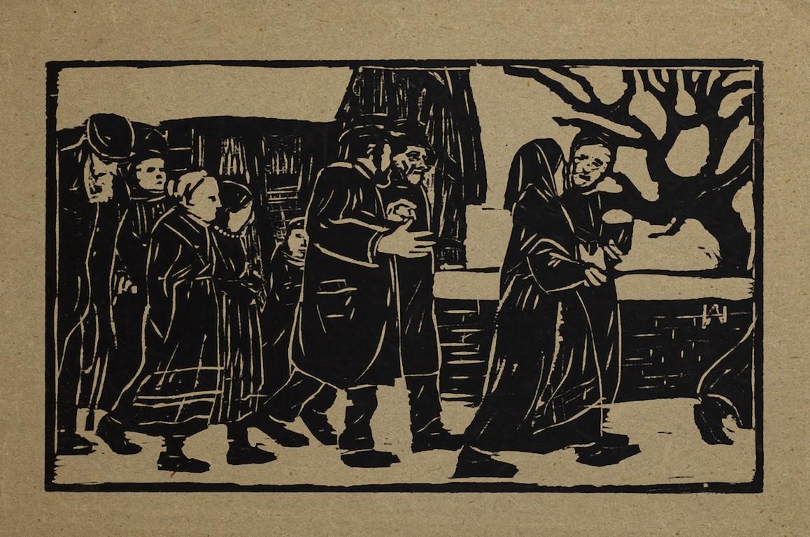 Procession is an original woodcut on greenish paper, realized by Albert Haueisen (1872-1954).

Monogrammed of the artist on the plate" A, H" on the middle right margin of the artwork.

In good conditions, except for a small piece of missing paper of