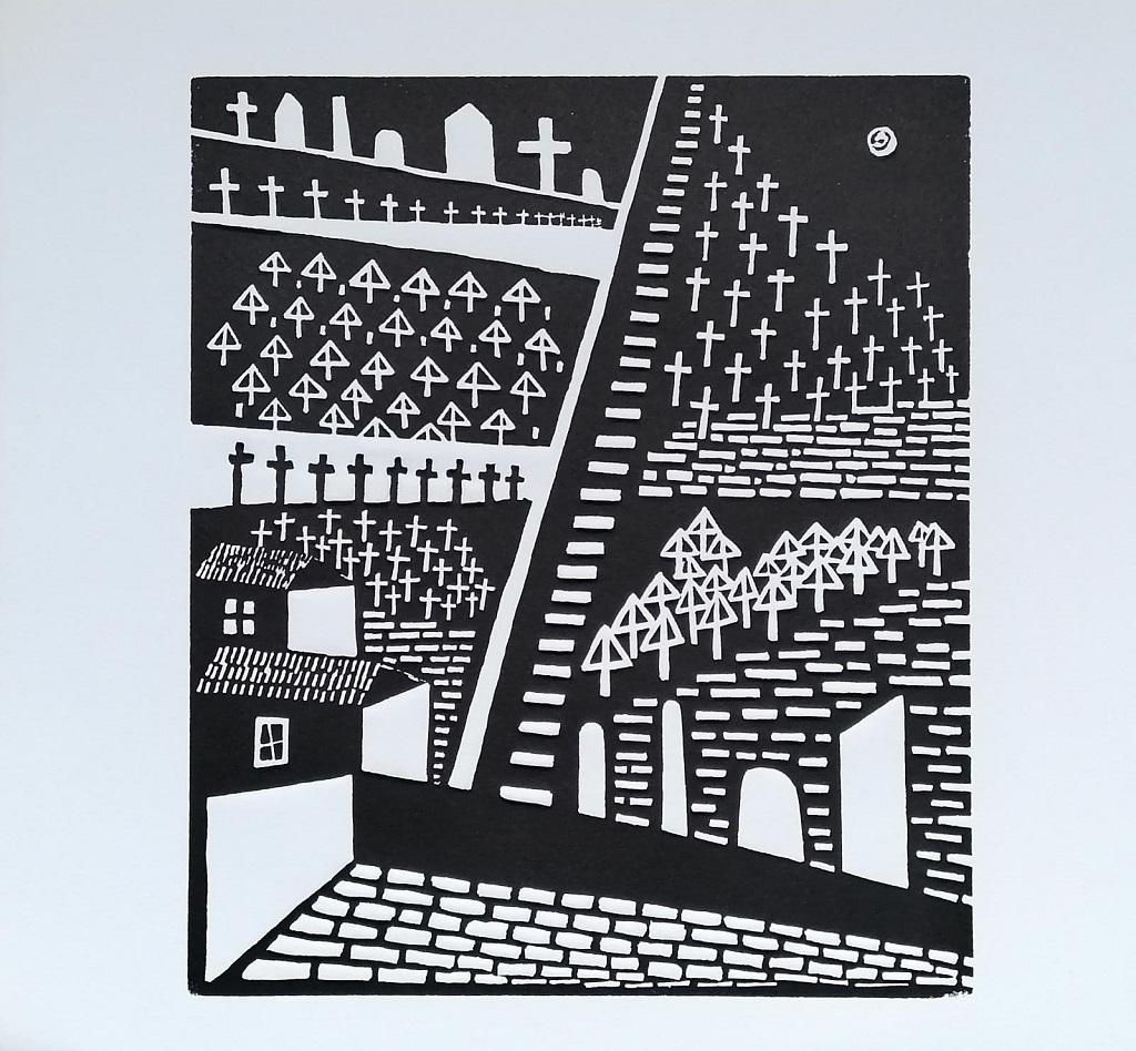 War Cemetery is an original contemporary artwork realized by Luigi Spacal (Trieste, 1907 - Trieste, 2000) in the 1970s.

Original Black and White Woodcut print on cardboard. 

Excellent conditions. 

War Cemetery is an original xylograph realized in