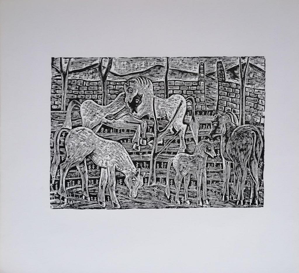 Luigi Spacal Abstract Print - Free Horses - Woodcut Print by L. Spacal - 1940