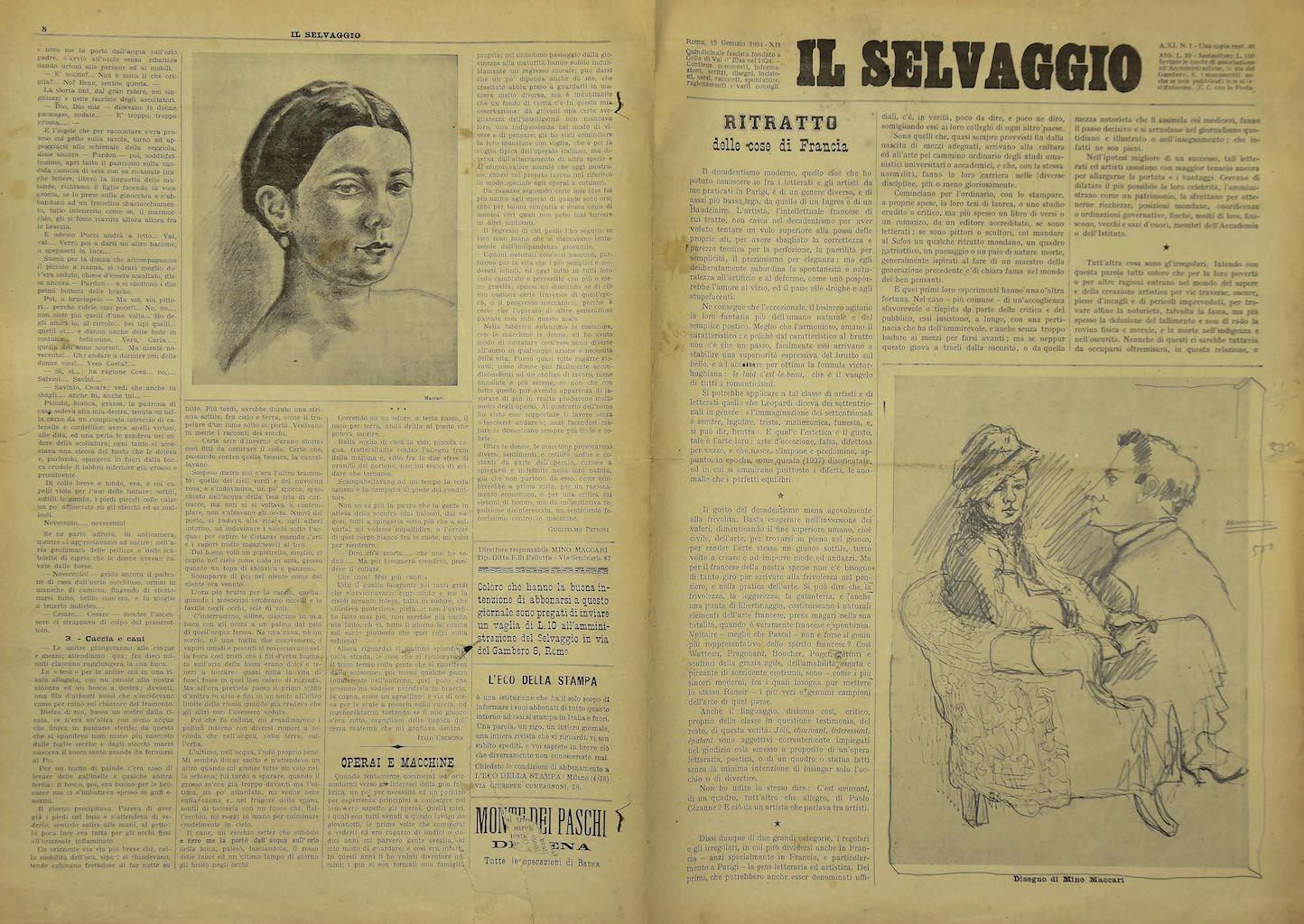  "Il Selvaggio, no.1- 1934", "Annual supporter subscription - Una copia 40 Cent - Fortnightly Newspaper letters arts and sciences".
Original engravings by the artist Mino Maccari. 8 pages.

Good conditions, except some cut piece of paper and some