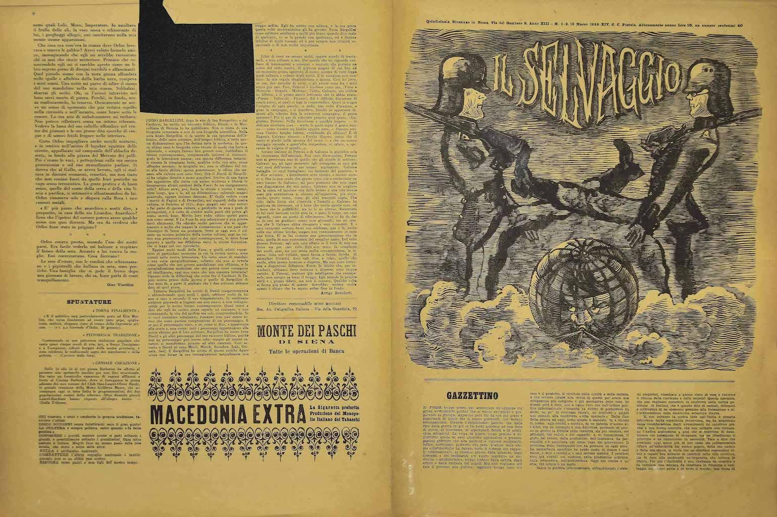 Sfogliando alcune pagine de "Il Selvaggio, n. 1/2- 1936", "Abbonamento annuale sostenitori - Una copia 40 Cent - Giornale quindicinale di lettere arti e scienze", troviamo, nel fascicolo, 15 Marzo 1936, molte xilografie dell'artista Mino Maccari.