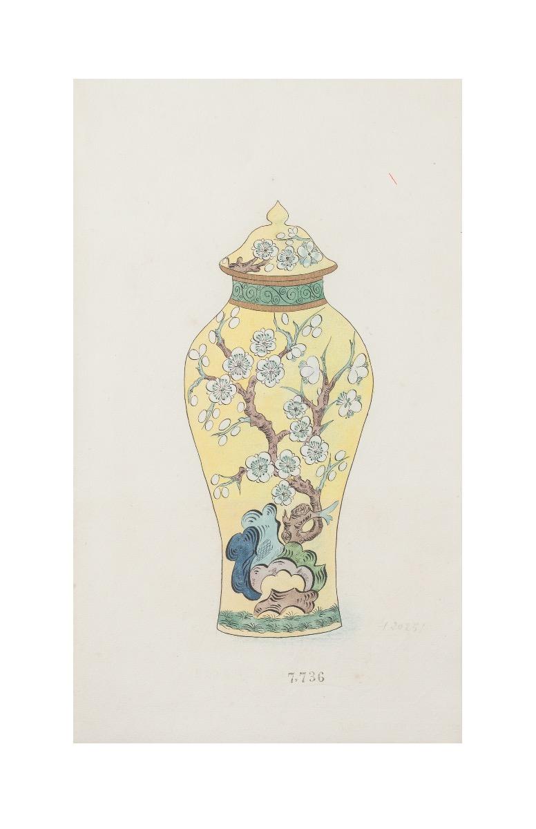 Gabriel Fourmaintraux Figurative Art - Porcelain Vase -  Watercolor - Early 20th Century