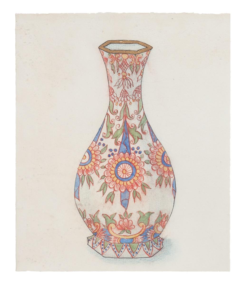 Unknown Figurative Art - Porcelain Vase -  China Ink and Watercolor - 1890s