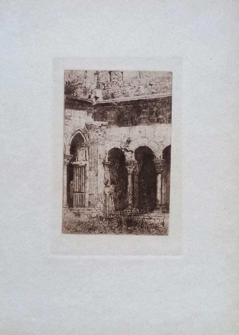 St-Trophime Cloister - Original Etching on Cardboard by L. Beltrami - 1877 - Print by Luca Beltrami