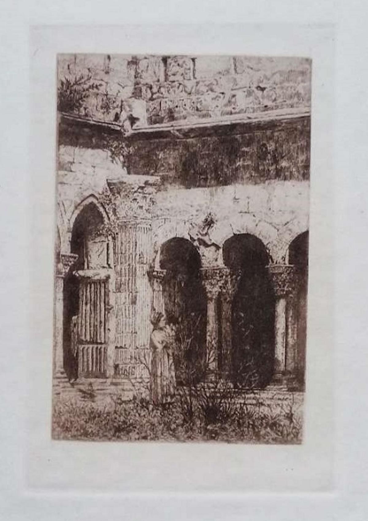 Luca Beltrami Landscape Print - St-Trophime Cloister - Original Etching on Cardboard by L. Beltrami - 1877