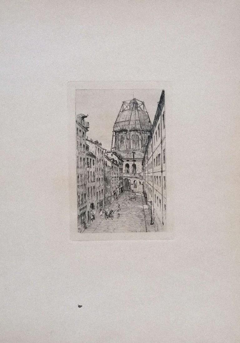 Luca Beltrami Figurative Print - Paris, Rue Mazarine - Etching on Cardboard by L. Beltrami - 1877
