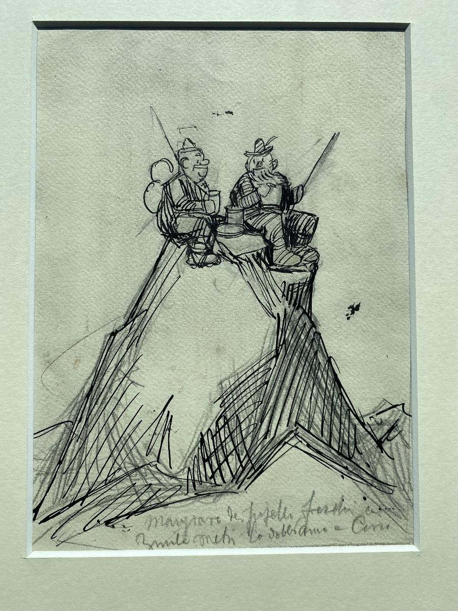 Gabriele Galantara Figurative Art - Pic Nic on mountains Top - Pen and Pencil Drawing by G. Galantara - 1908