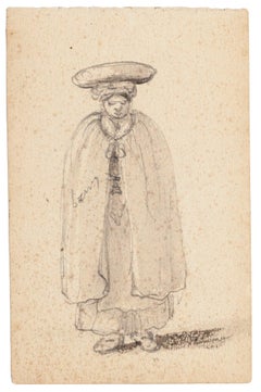 Antique Man with Headdress - Pencil Drawing - 1880s