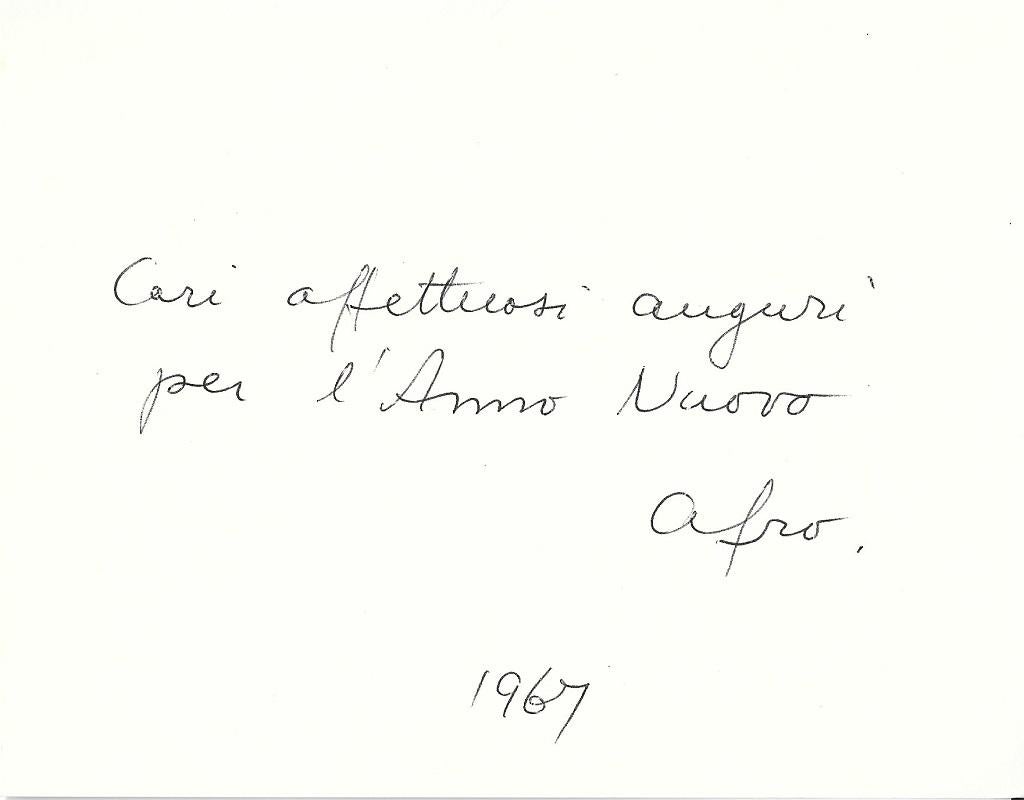 Biglietto autografo di buon anno firmato e datato da Afro Basaldella alla contessa Anna Laetitia.Pecci-Blunt.

Roma, 1967. 12 x 16 cm. In 24°. In italiano. 

Condizioni eccellenti. Busta originale inclusa.

Sfondo

Nello stesso periodo di questo