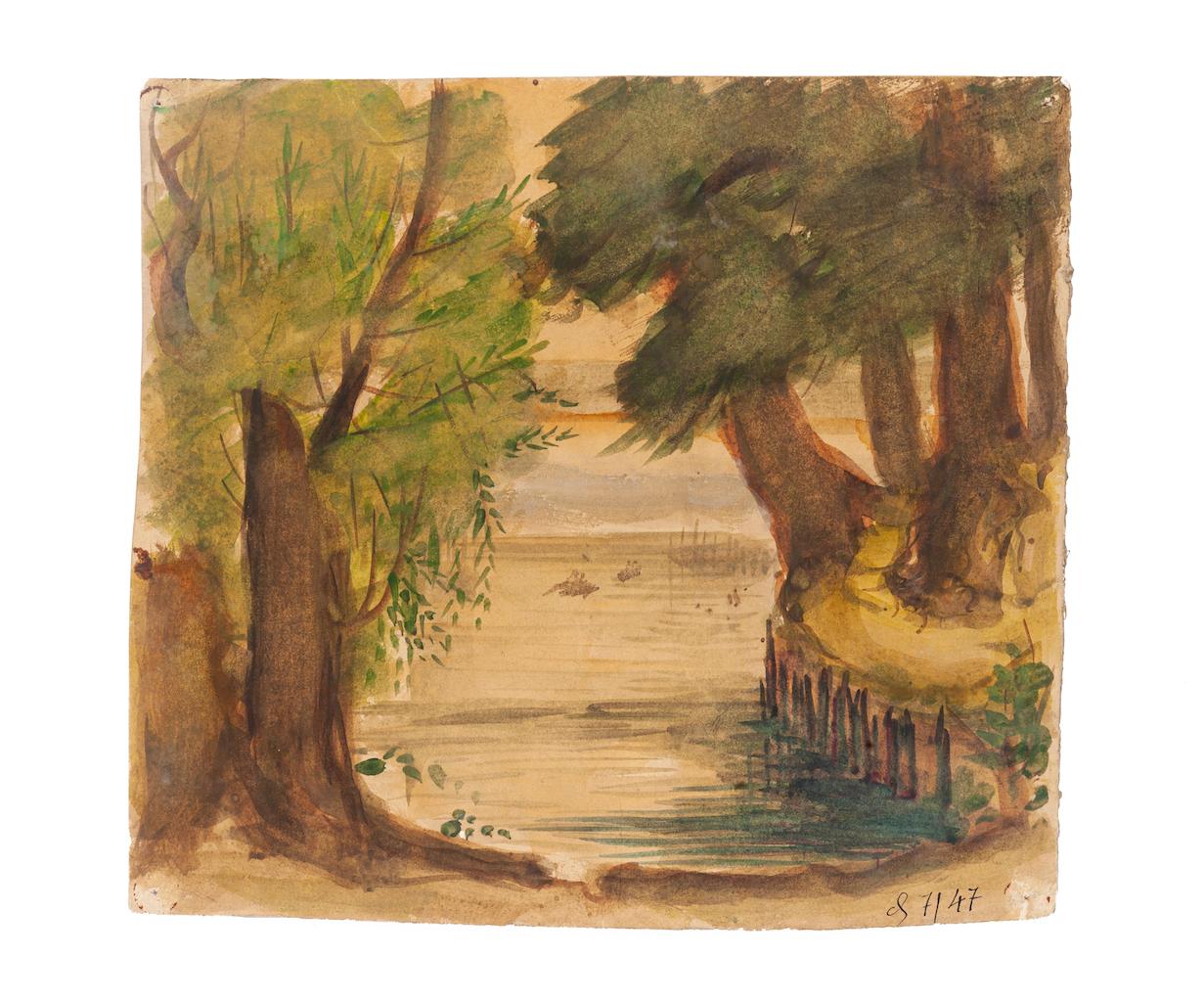 Landscape - Original Watercolor on Cardboard by Jean Delpech - 1947