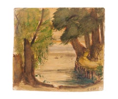 Paisaje - Acuarela original sobre cartón de Jean Delpech - 1947