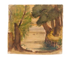 Landscape - Original Watercolor on Cardboard by Jean Delpech - 1947