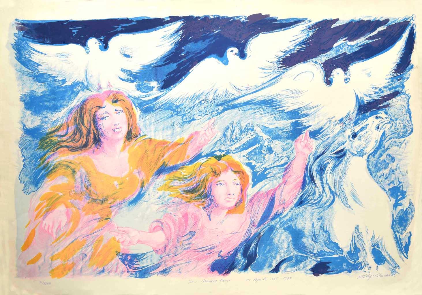 Sirens is an original lithograph, realized by Aligi Sassu in 1975,

Hand-signed on the lower right.

The state of preservation of the artwork is good except for a rip on the right margin..Sheet dimension: 65 x 92

The artwork represents  scenery