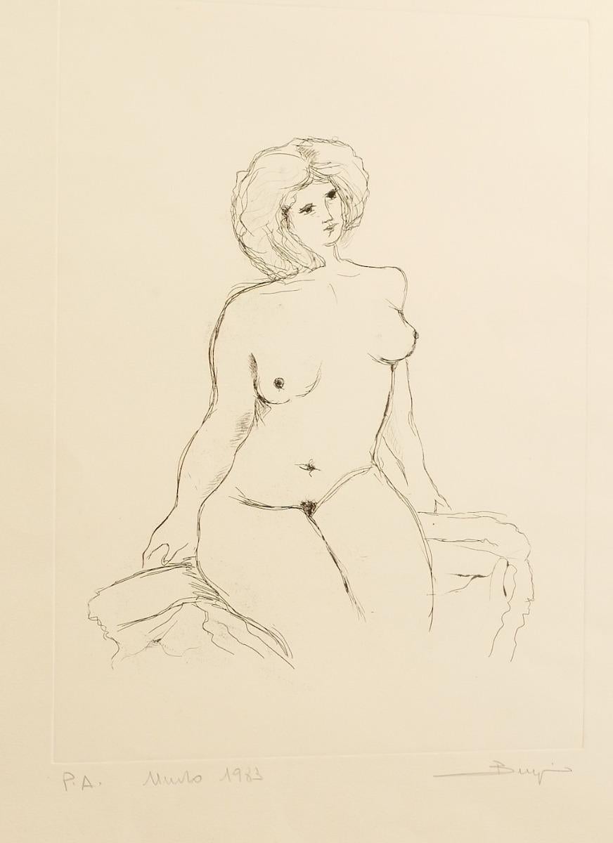 Nude is an original etching on cardboard realized in 1983 by Andrea Biniglio.

Hand-signed lower right in pencil. Artist's Proof.

Good conditions.

The artwork represents a lying nude through confident and quick strokes in a well-balanced
