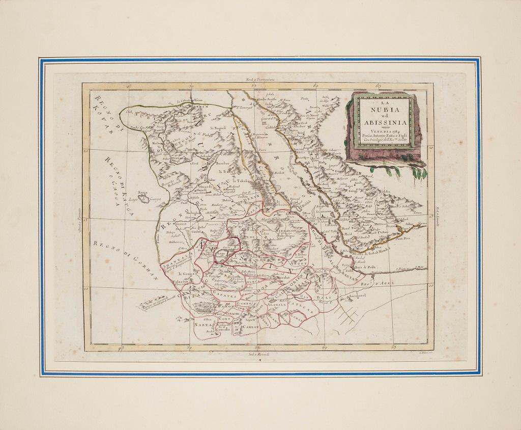 Diese Karte von Nubien und Abissinien ist eine Radierung von Antonio Zatta aus dem Jahr 1784 in Venedig.

Der Erhaltungszustand des Kunstwerks ist gut, abgesehen von dem abgenutzten Papier mit einigen kleinen Flecken.

Montiert auf einem