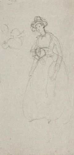 Figure de femme - dessin original au crayon par Edmond De Beaumont - 1853