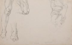 Faune jouant au crayon - dessin original au crayon par Marcel Mangin - milieu du 20e siècle