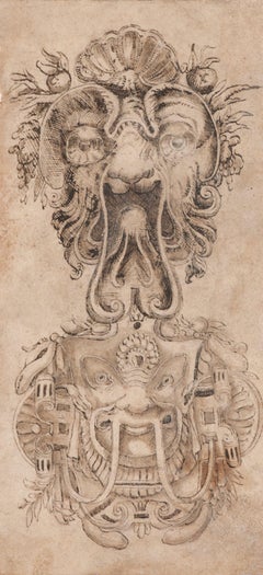 Antique Masks - Original China Ink Drawing - Early 19th Century