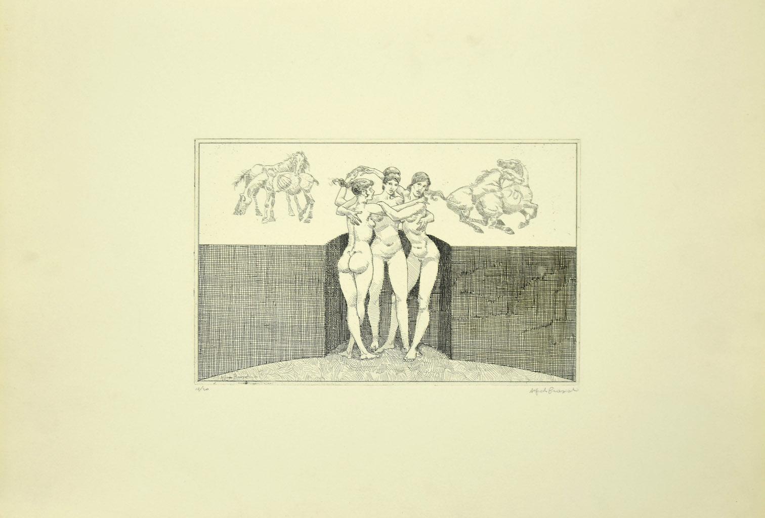 Nude Women is an original etching on paper realized by Alfredo Brasioli.

Hand-signed on the lower right. Image Dimensions: 15.5 x 25 cm

Numbered on the lower left in pencil, copy 18 from an edition of 20 prints.

Good condition.

The artwork