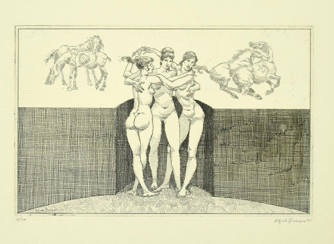 Nude Women - Etching by Alfredo Brasioli - Late 20th Century