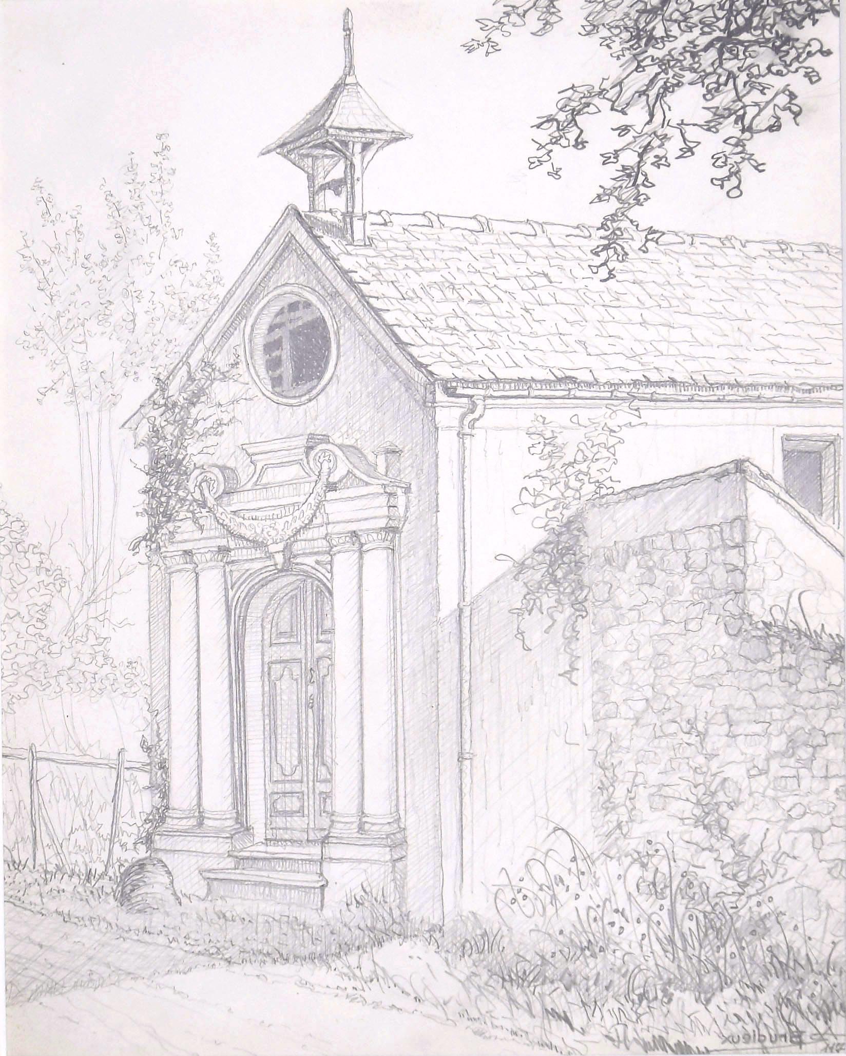 The Church - Crayon original sur papier par A.R. Brudieux - Milieu du 20e siècle