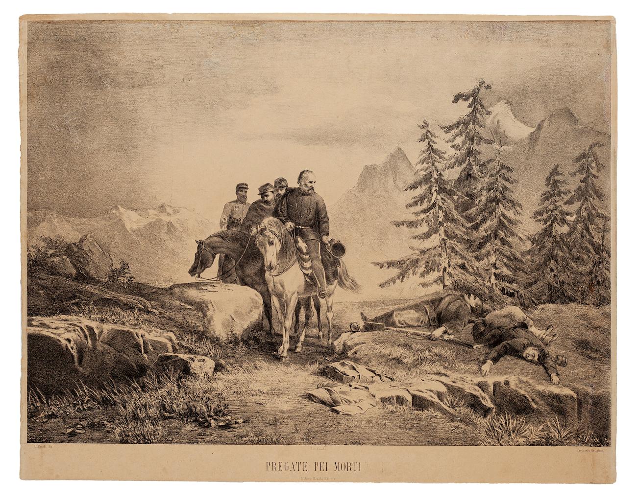 Prey for the Dead (Original Title: pregate per Morti) is an original lithograph realized by C. Ronchi in 1860 ca.

In good condition but aged.

The artwork represents a general, probably Giuseppe Garibaldi, on a horse followed by some of his men,