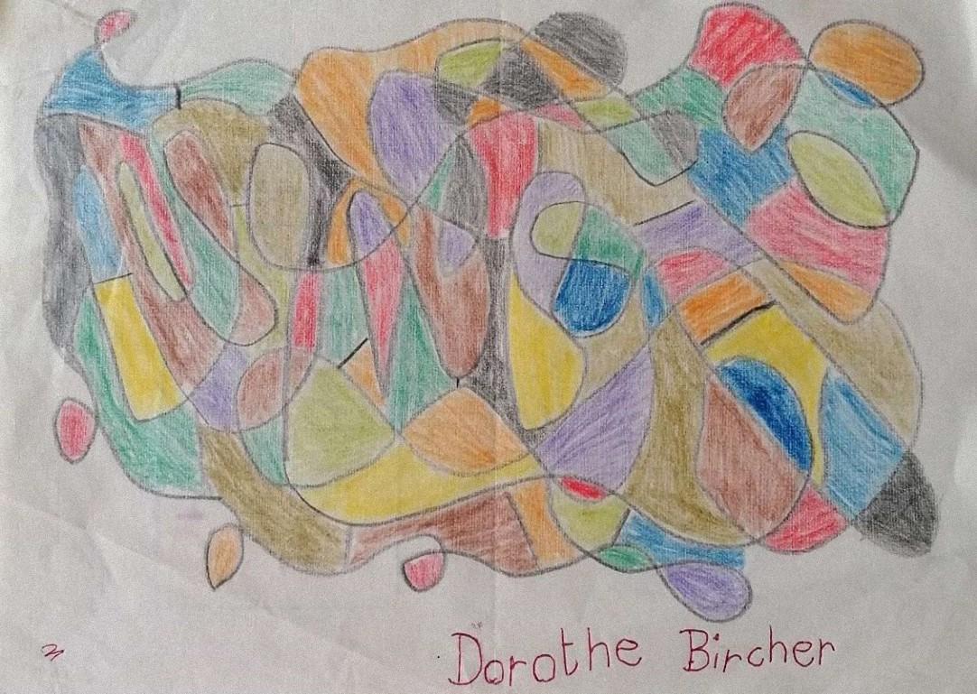 Composition is an original Contemporary artwork realized in the Late 20th Century by Dorothe Bircher. 

Original Drawing on paper. 

Hand-signed on the lower central margin in red pen: Dorothe Bircher. On the back of the work there is a signature of