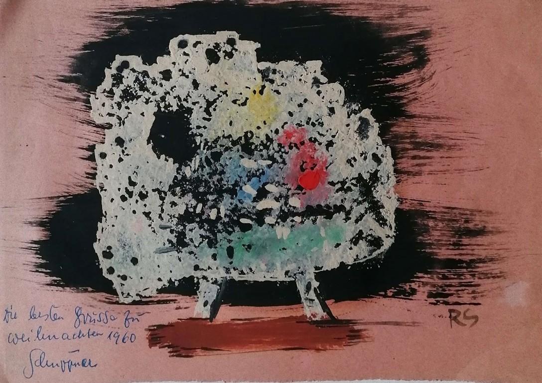 Composition is a Contemporary Artwork realized by Robert Schuppner (Hamm, 1896 - 1962) in 1960. 

Original Mixed Media on paper.

The dedication, the signature and the date are present in blue pen on the lower left corner. 

Hand-signed in
