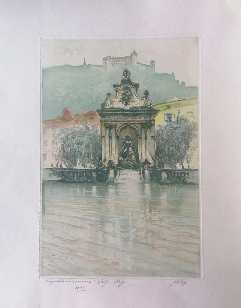 Figurative Print de Augusto Wolf - Fuente con castillo - Aguafuerte original acuarelado a mano por A. Wolf - Década de 1890