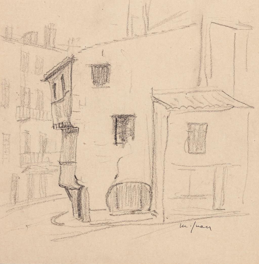 Houses is an original drawing in pencil on paper, realized by Maxime Juan (1900-?). Hand-signed on the lower left.

The State of preservation is good.

The artwork represents houses with Roman arches. The artwork is characterized by confident and