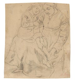 Antique Mother and Child - Original Pencil Drawing - Early 20th Century