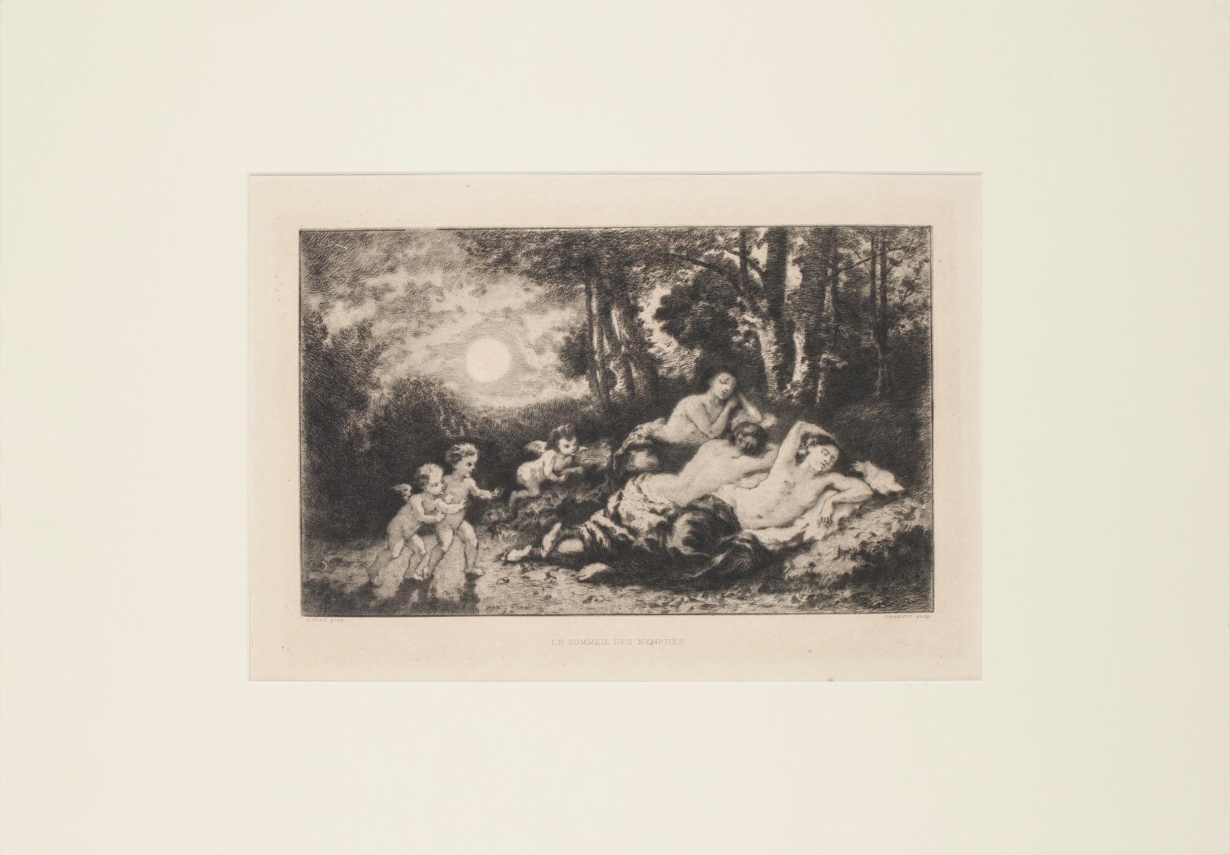 Ninfe Resting - Original Etching by D’apre Diaz de la Pena - 1880 ca - Print by Eugène Charvot