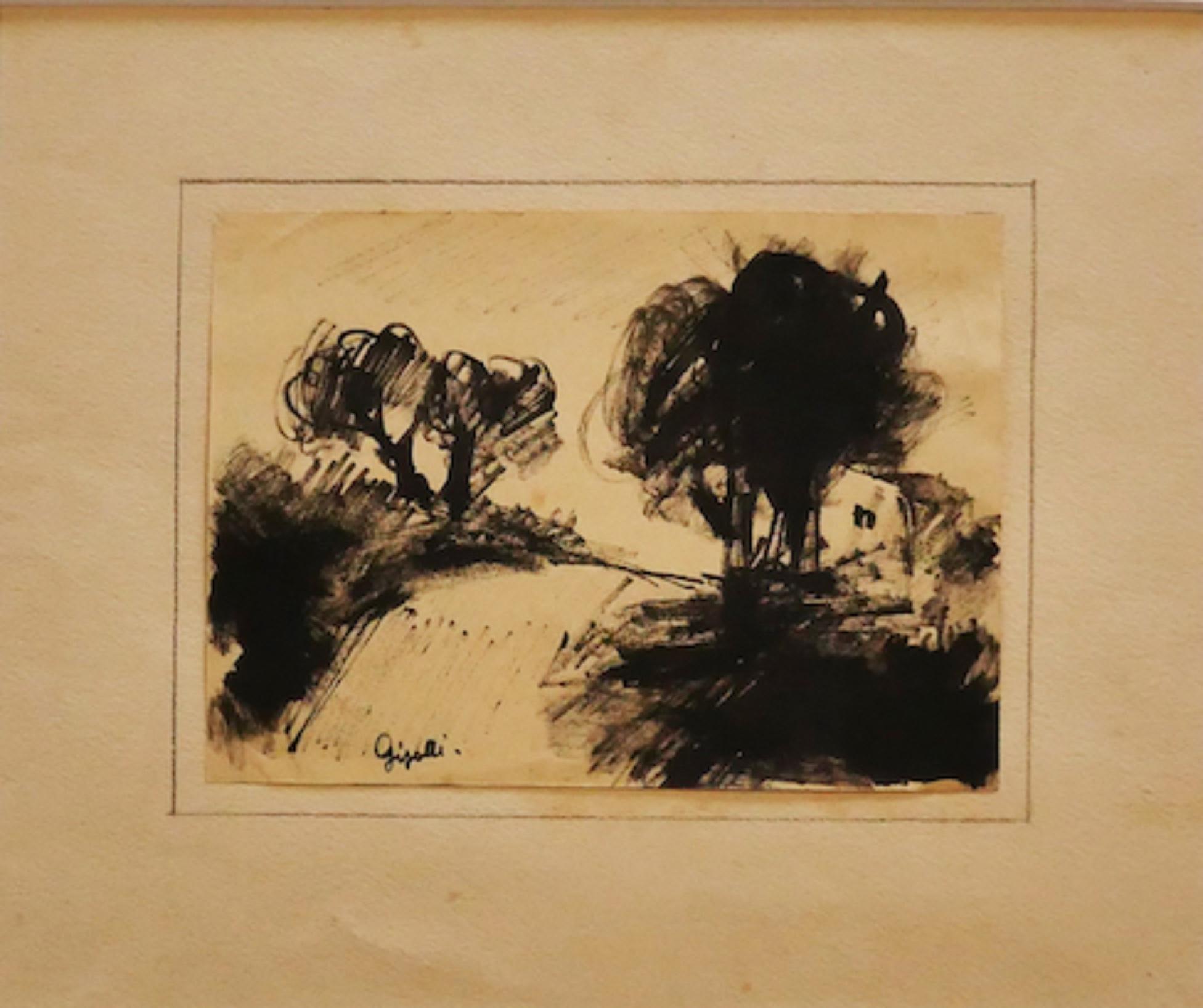 Landscape - Watercolor/China Ink by by Lorenzo Gigotti - Late 20th Century