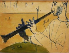 Piper - Original Stift und Aquarell von Jeanne Daour - Mitte des 20. Jahrhunderts