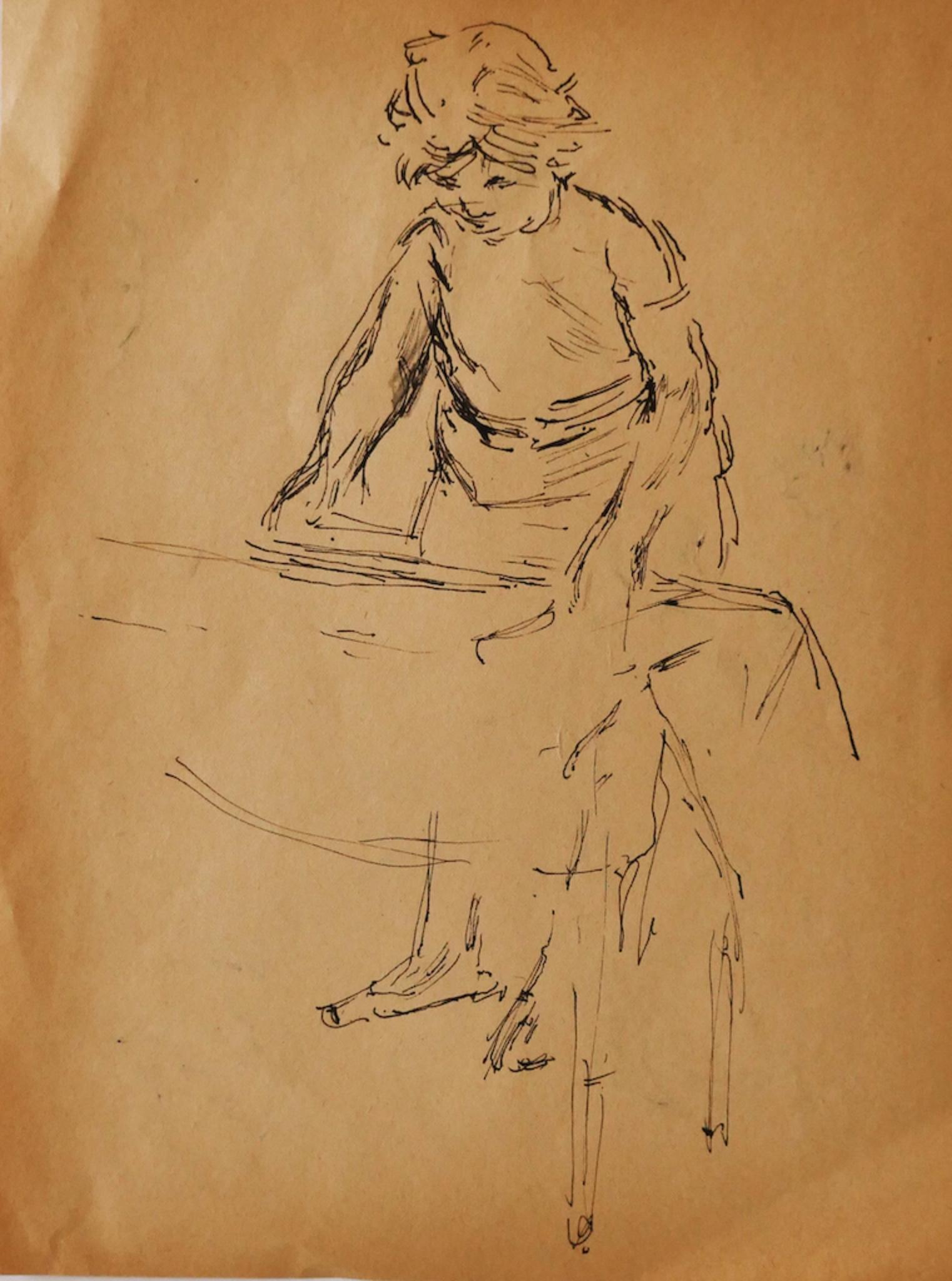 Figures - Original Pen Drawing by Jacques Hirtz - Mid-20th Century For Sale 1