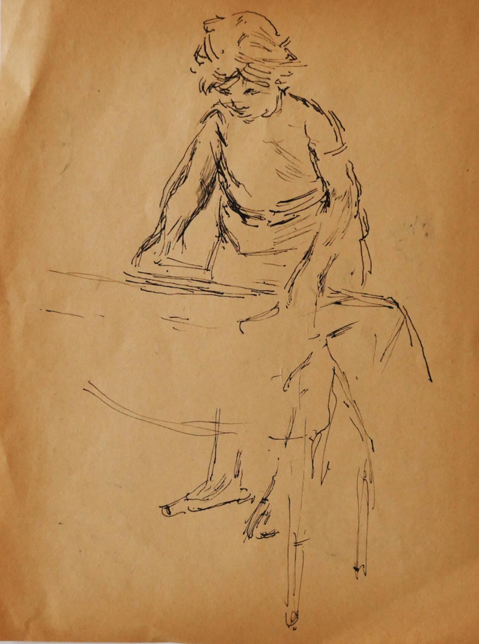 Figuras - Dibujo original a pluma de Jacques Hirtz - Mediados del siglo XX en venta 1