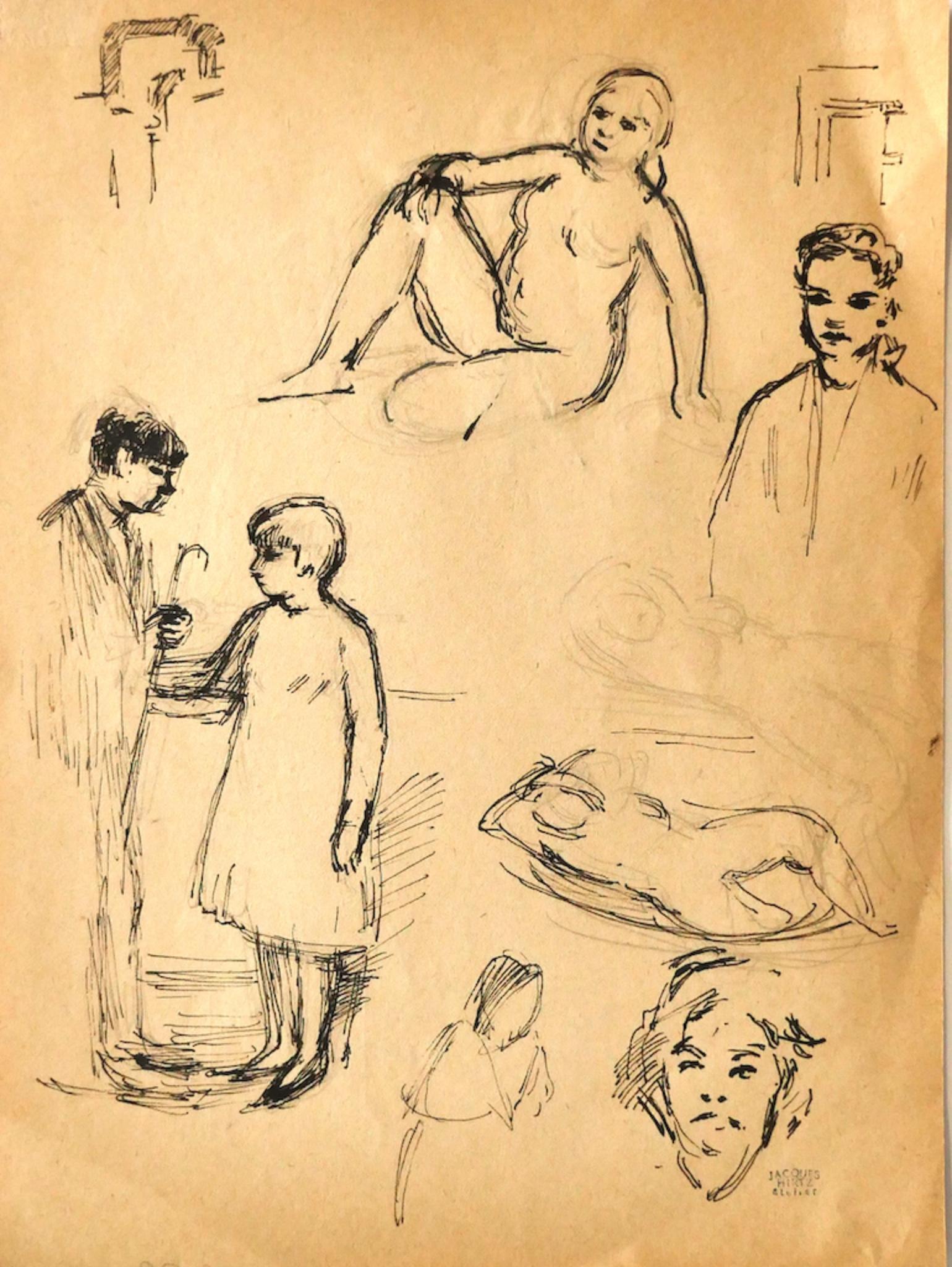 Figures is an original drawing in pen on brownish paper, realized by Jacques Hirtz

With the stamp of "Atelier Jacques Hirtz" on the lower right.

Good condition.

The artwork represents figures in different postures, skillfully expressed through