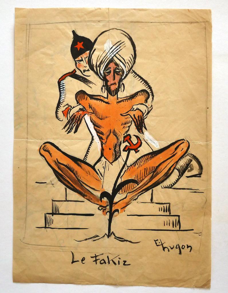 Fakir is an original drawing in mixed media on paper, realized by Eric Hugon.

Hand-signed on the lower right.

Titled on the lower center in French.

In very good condition.

The artwork represents a religious thin seated man wearing a turban with