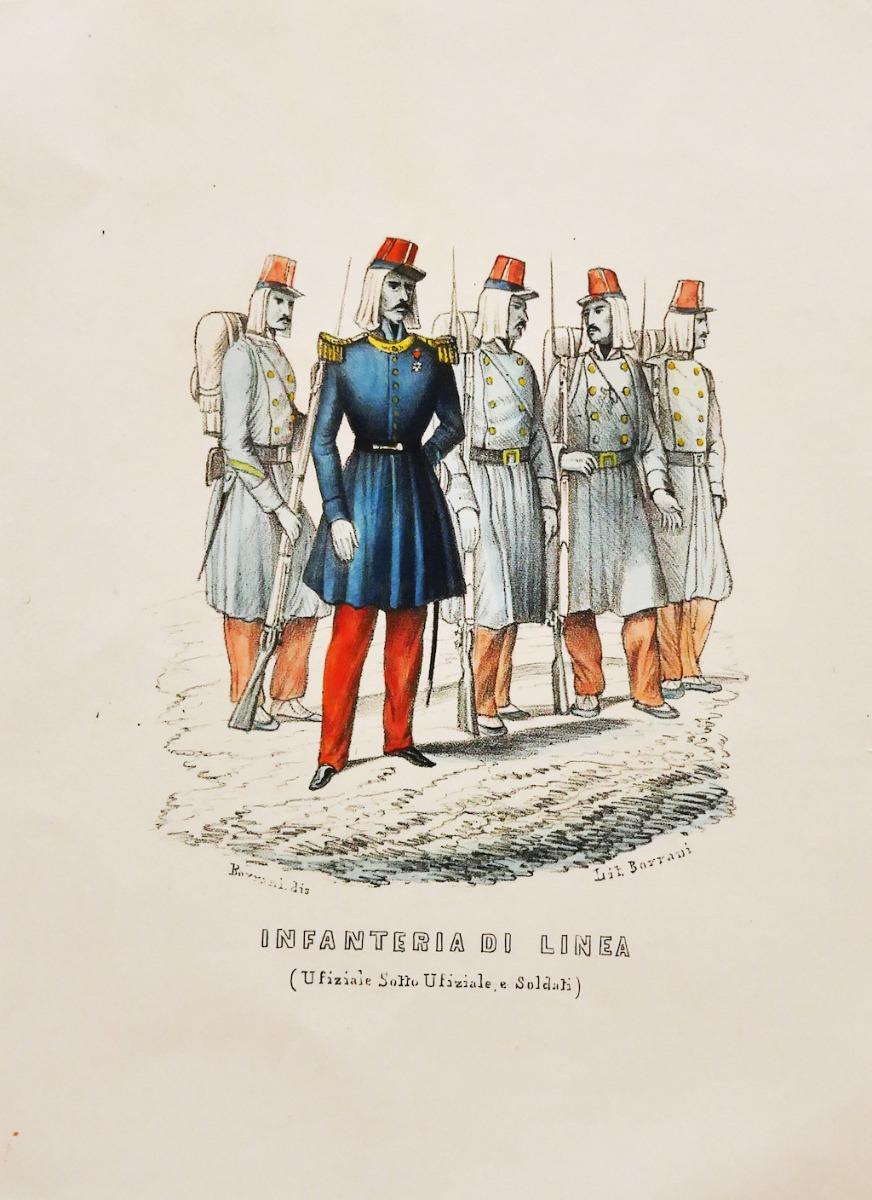 Infantry is an original hand-colored lithography artwork paper, realized by Borrani in 1850 ca.

Hand-signed on the lower right.

Titled on the lower center in Italian.

In very good condition.

The artwork represents standing soldiers through