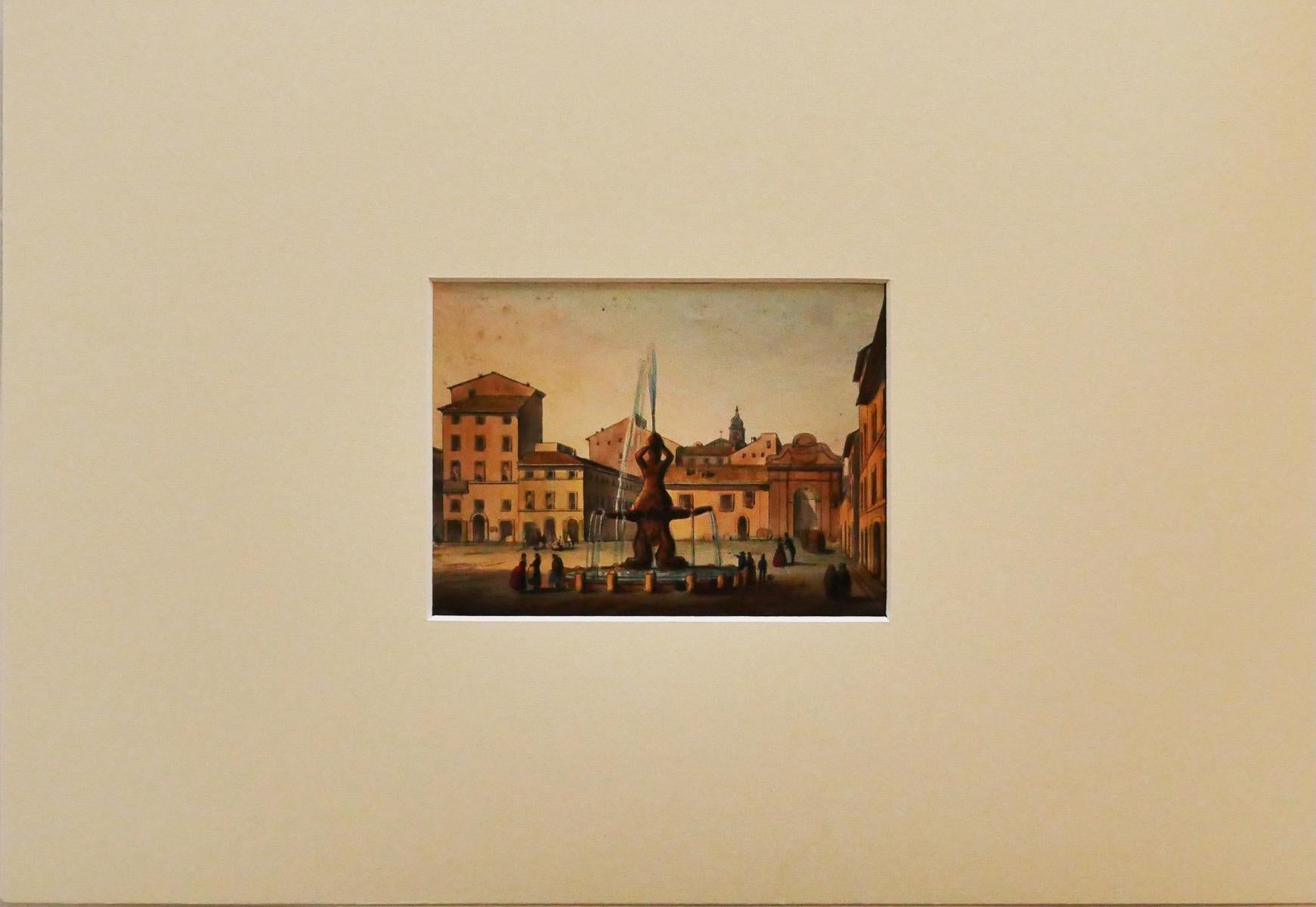 Barberini Quadrat, Roma - Original-Aquarell - 19. Jahrhundert – Art von Unknown